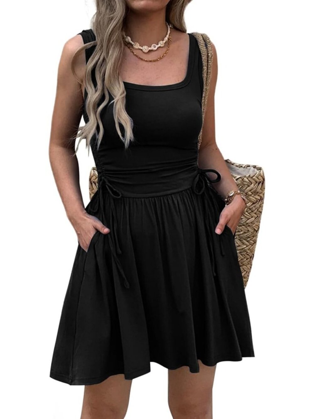 Summer Sleeveless Casual Mini Dress with Ruched Waist & Pockets for Women